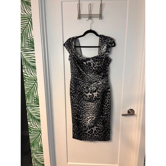 Tadashi Shoji Leopard Print Ruched Front Square Neckline Sheath Dress Size 8 - Picture 2 of 10